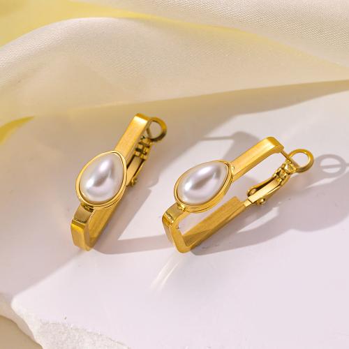 pendiente colgante de acero inoxidable, acero inoxidable 304, con Perlas plásticas, chapado, Joyería & diferentes estilos para la opción & para mujer, dorado, Vendido por Par