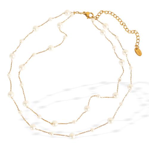 Collier de bijoux en acier inoxydable, Acier inoxydable 304, avec perle de plastique, Placage, Double couche & bijoux de mode & pour femme, doré, Vendu par PC