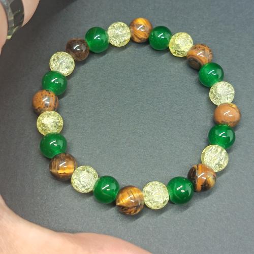 Gemstone Bracelets, Tiger Eye, with Lampwork, Round, Unisex, green 