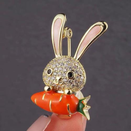 Broche émail, alliage de zinc, lapin, Placage de couleur d'or, avec strass Vendu par PC
