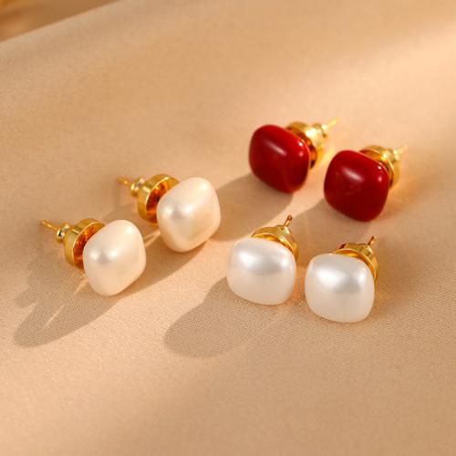 Plastic Stud Earring, ABS Plastic Pearl, with Brass, gold color plated, fashion jewelry [