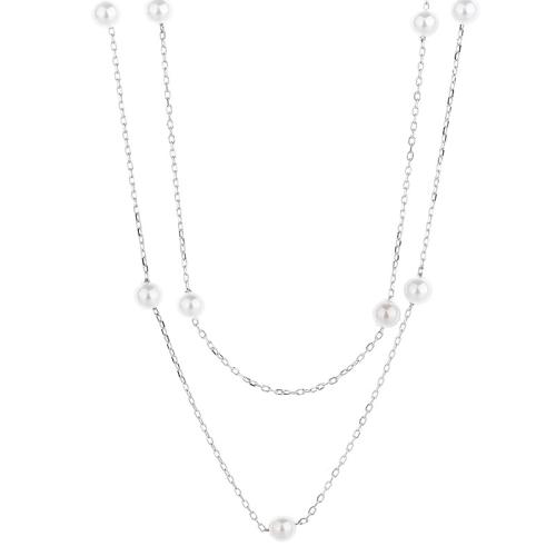 925 Sterling Silver Necklace, with Plastic Pearl, with 1.57inch extender chain, platinum plated, cross chain & Double Layer & for woman Approx 15.7 Inch [