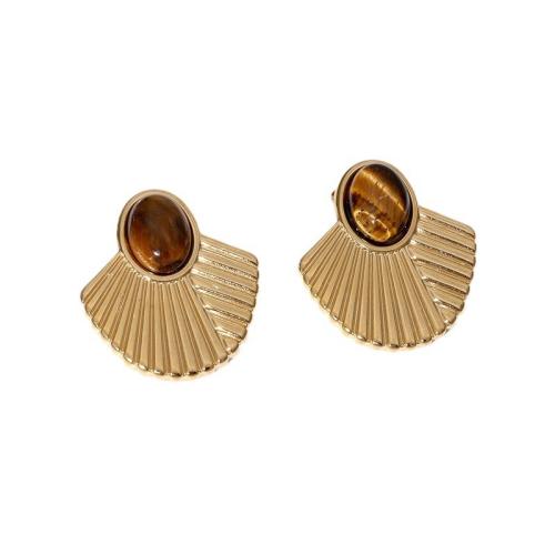 Arete de acero inoxidable , acero inoxidable 304, con Ojo de tigre, Abanico, chapado en color dorado, Joyería & diferentes materiales para la opción & para mujer, Vendido por Par