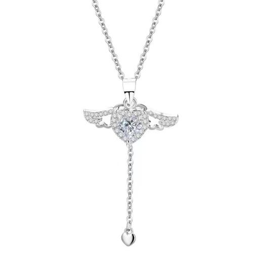 925 Sterling Silver Necklace, with 2inch extender chain, Winged Heart, cross chain & for woman & with rhinestone Approx 15.7 Inch 