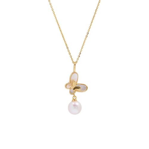 925 Sterling Silver Necklace, with White Shell & Plastic Pearl, with 2inch extender chain, Butterfly, gold color plated, cross chain & for woman Approx 15.7 Inch 