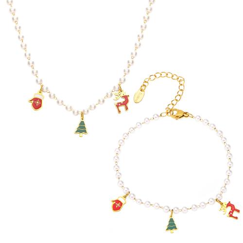 Edelstahl Schmucksets, 304 Edelstahl, mit Kunststoff Perlen, plattiert, Weihnachts-Design & verschiedene Stile für Wahl & für Frau & Emaille, goldfarben, verkauft von PC