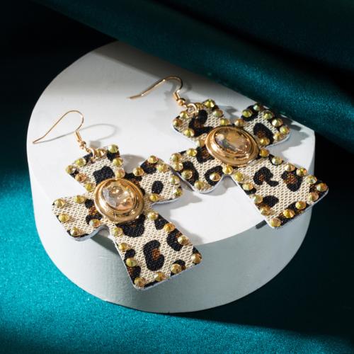 Zinc Alloy Rhinestone Drop Earring, with Glass Rhinestone & PU Leather, Cross, fashion jewelry & for woman & with rhinestone 