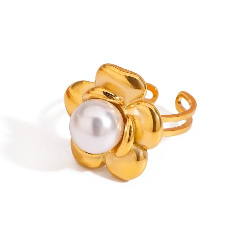 Stainless Steel Finger Ring, 304 Stainless Steel, with Plastic Pearl, gold color plated, fashion jewelry, golden 