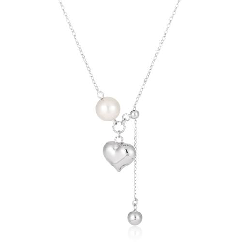 925 Sterling Silver Necklace, with Shell Pearl, with 2inch extender chain, Heart, platinum plated, cross chain & for woman Approx 17.7 Inch 