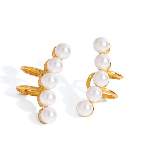 Titanium Steel Earring Clip, with Plastic Pearl, gold color plated, for woman [