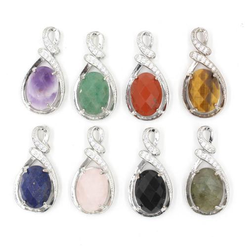 Gemstone Brass Pendants, with Natural Stone, silver color plated, DIY & with rhinestone [