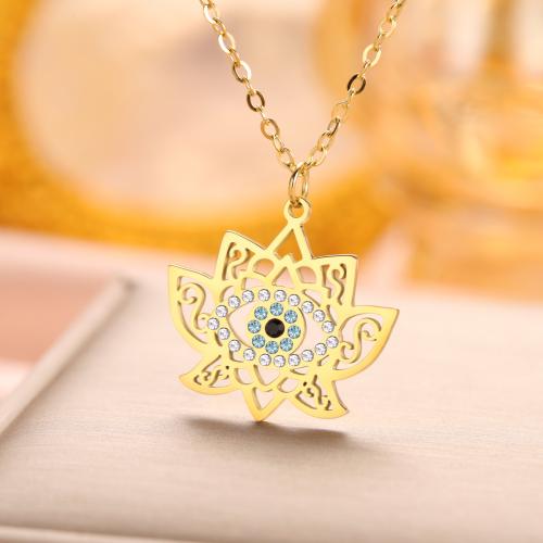 Collier de bijoux en acier inoxydable, Acier inoxydable 304, Lotus, Placage ionique sous vide, pour femme & avec strass, plus de couleurs à choisir cm Vendu par sac