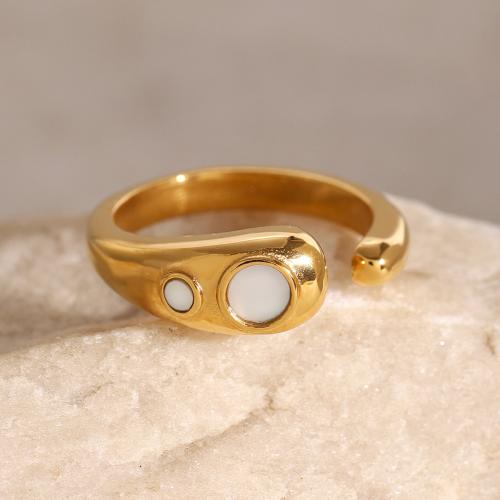 Stainless Steel Finger Ring, 304 Stainless Steel, with Pearl Oyster, gold color plated, for woman 