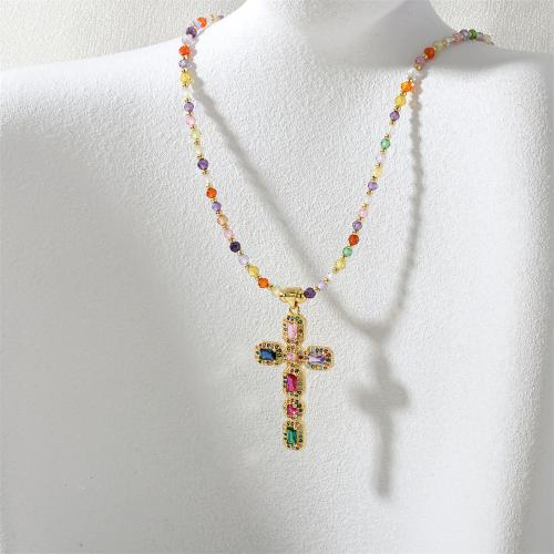 Collier en laiton cubique Zircon Micro Pave, avec plastique, croix, Placage de couleur d'or, pavé de micro zircon & pour femme, multicolore, Vendu par PC