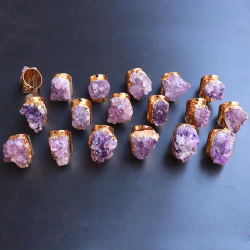 Natural Quartz Druzy Finger Ring, Brass, with Amethyst, gold color plated, random style & Unisex, purple, inner ~20mm [