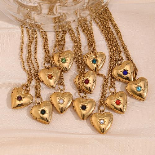 Fashion Locket Necklace, 304 Stainless Steel, Heart, gold color plated, for woman & with rhinestone [