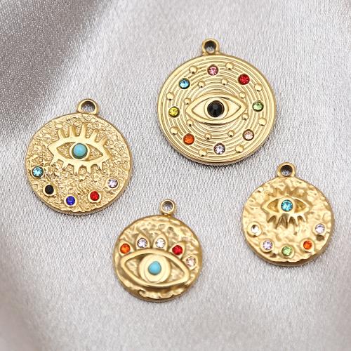 Rhinestone Stainless Steel Pendants, 304 Stainless Steel, Round, gold color plated, DIY & with rhinestone 