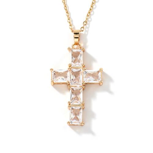 Cubic Zircon Micro Pave Brass Necklace, with 5cm extender chain, Cross, plated & micro pave cubic zirconia & for woman cm 