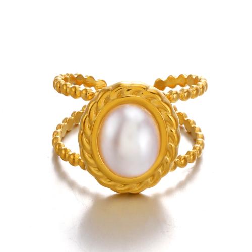 Stainless Steel Finger Ring, 304 Stainless Steel, with Plastic Pearl, plated, fashion jewelry & for woman & hollow, golden 