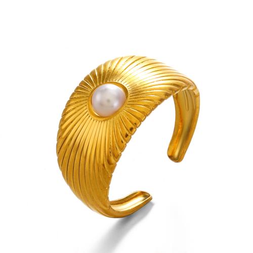 Stainless Steel Finger Ring, 304 Stainless Steel, with Plastic Pearl, plated, fashion jewelry & for woman, golden 