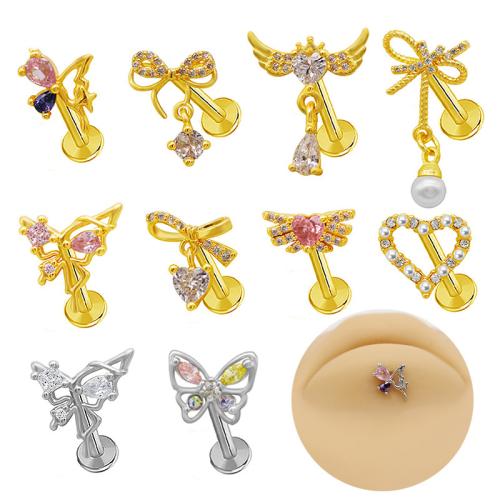 laiton Goujons perforés pour les lèvres, avec perle de plastique & Acier inoxydable 304, Placage, unisexe & styles différents pour le choix & pavé de micro zircon, Vendu par PC