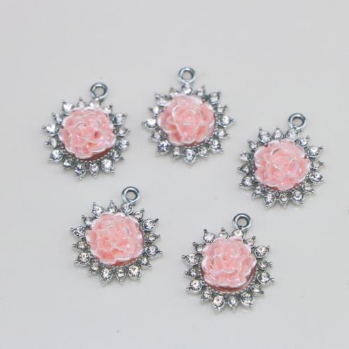 Zinc Alloy Rhinestone Pendants, with Resin, Rose, silver color plated, DIY & with rhinestone, pink 