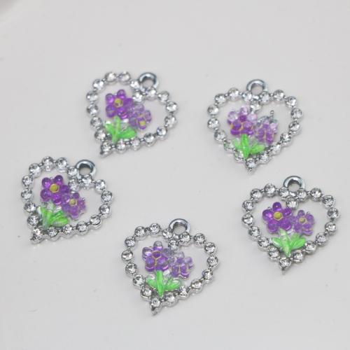 Zinc Alloy Rhinestone Pendants, with Resin, Heart, silver color plated, DIY & with rhinestone 