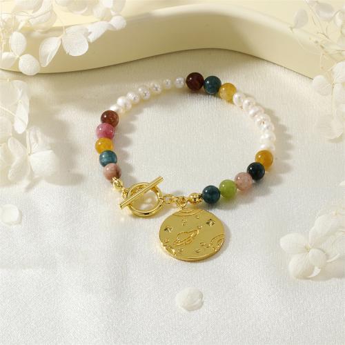 pulsera de perlas y semipresiosas piedras, metal, con chips de piedras preciosas & Perlas cultivadas de agua dulce, chapado en color dorado, para mujer, color mixto, Vendido por UD