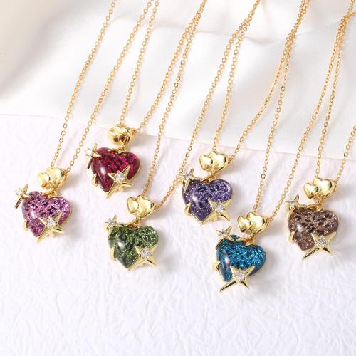 Cubic Zircon Micro Pave Brass Necklace, with Acrylic, with 5cm extender chain, Heart, gold color plated, fashion jewelry & micro pave cubic zirconia cm 