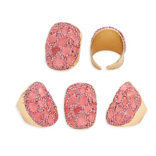 Bague en quartz, laiton, avec quartz rose, Placage de couleur d'or, pour femme & avec strass, rose, inner ~20mm, Vendu par PC