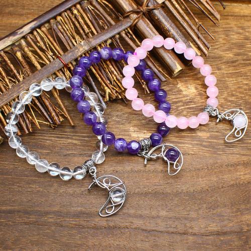 Gemstone Bracelets, Natural Stone, with Zinc Alloy, Moon, silver color plated & for woman cm 