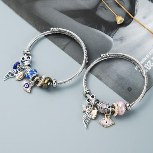 Stainless Steel  European Bracelets, Zinc Alloy, with Plastic Pearl & 304 Stainless Steel, silver color plated, fashion jewelry & enamel & with rhinestone [