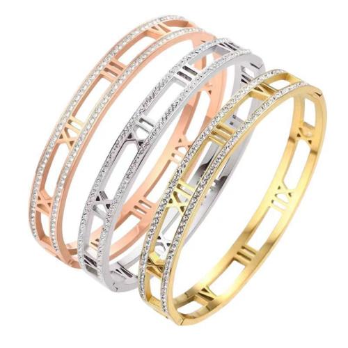 Titanium Steel Bangle, plated, with roman number & for woman & with rhinestone Inner Approx 60mm 