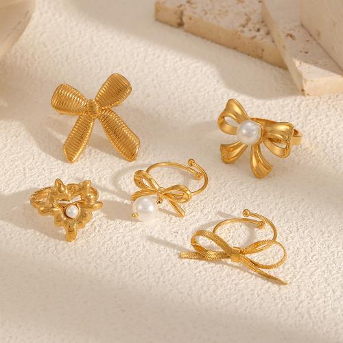 Stainless Steel Finger Ring, 304 Stainless Steel, with Plastic Pearl, gold color plated & for woman 