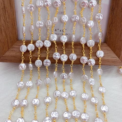 Decorative Beaded Chain, Brass, with Plastic Pearl, gold color plated, DIY 