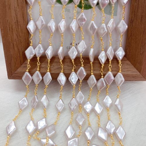 Decorative Beaded Chain, Brass, with Plastic Pearl, Rhombus, gold color plated, DIY 