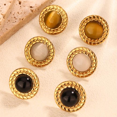 Stainless Steel Stud Earring, 304 Stainless Steel, with Glass Beads, Round, gold color plated, fashion jewelry & for woman 