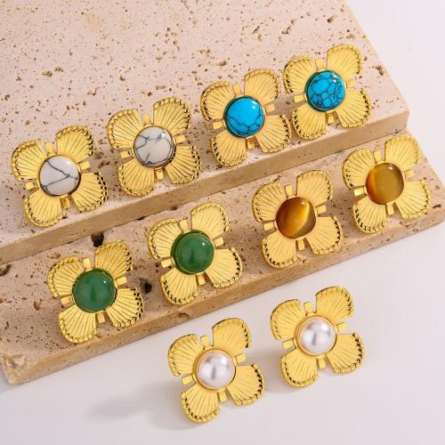 Stainless Steel Stud Earring, 304 Stainless Steel, with Glass Beads, Flower, gold color plated, fashion jewelry & for woman 