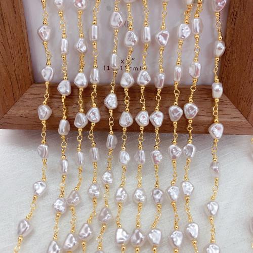 Decorative Beaded Chain, Brass, with Plastic Pearl, gold color plated, DIY 