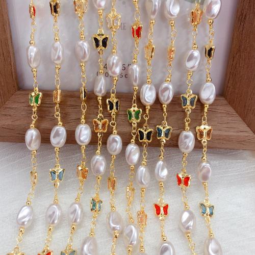 Decorative Beaded Chain, Brass, with Plastic Pearl, Butterfly, gold color plated, DIY & with rhinestone, mixed colors 