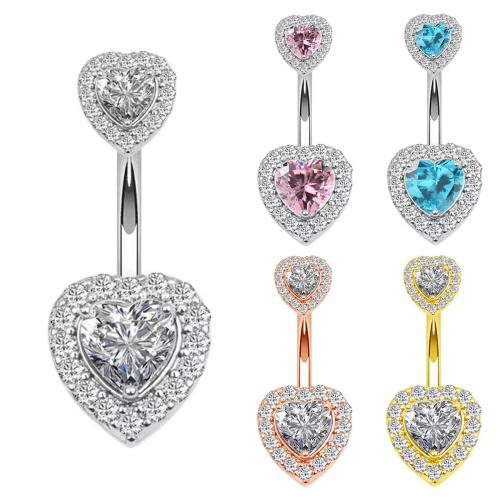Acier inoxydable 304 anneau de ventre, coeur, Placage, unisexe & pavé de micro zircon, plus de couleurs à choisir, Vendu par PC