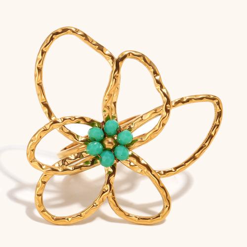 Stainless Steel Finger Ring, 304 Stainless Steel, with Plastic, Flower, gold color plated, for woman, green 