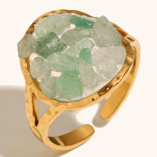 Pierre précieuse bague en acier inoxydable, Acier inoxydable 304, avec pierre gemme, Placage de couleur d'or, pour femme, vert, Vendu par PC