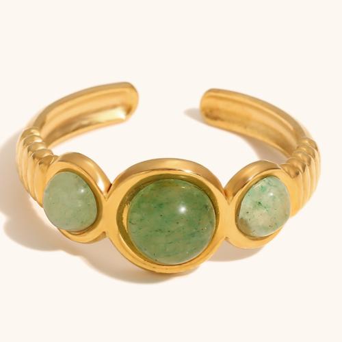 Piedras preciosas de acero inoxidable anillo de dedo, acero inoxidable 304, con Aventurina verde, chapado en color dorado, para mujer, verde, Vendido por UD