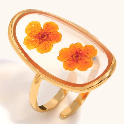 Stainless Steel Finger Ring, 304 Stainless Steel, with Dried Flower & Acrylic, gold color plated, for woman 