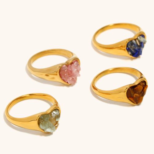 Pierre précieuse bague en acier inoxydable, Acier inoxydable 304, avec pierre gemme, coeur, Placage de couleur d'or, différents matériaux pour le choix & normes différentes pour le choix & pour femme, plus de couleurs à choisir, Vendu par PC