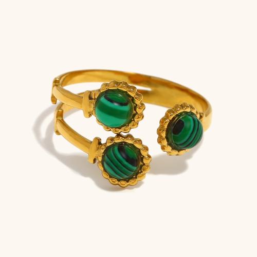 Pierre précieuse bague en acier inoxydable, Acier inoxydable 304, avec Malachite, Placage de couleur d'or, pour femme, Vendu par PC