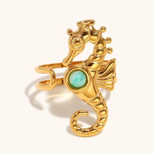 Pierre précieuse bague en acier inoxydable, Acier inoxydable 304, avec Pierre naturelle, hippocampe, Placage de couleur d'or, différents matériaux pour le choix & pour femme, plus de couleurs à choisir, Vendu par PC