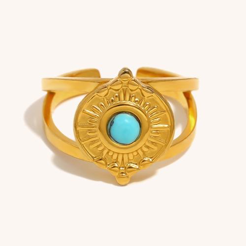 Pierre précieuse bague en acier inoxydable, Acier inoxydable 304, avec turquoise, Placage de couleur d'or, pour femme, Vendu par PC