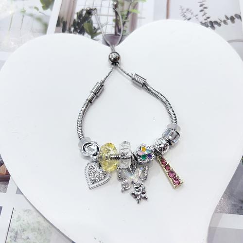 Europeo pulseras de acero inoxidable, aleación de zinc, con 304 cadenas de acero inoxidable & resina, Ajustable & Joyería & para mujer, color de platina, longitud:aproximado 16-26 cm, Vendido por UD